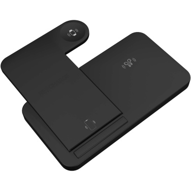Logotrade Werbeartikel das Foto: SCX.design W28 kabellose 3-in-1 Ladestation kabellos mit Telefonständer und Leuchtlogo