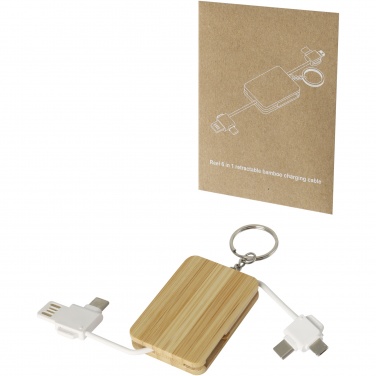 Logotrade advertising product picture of: Reel 6-in-1 retractable bamboo key ring charging cable