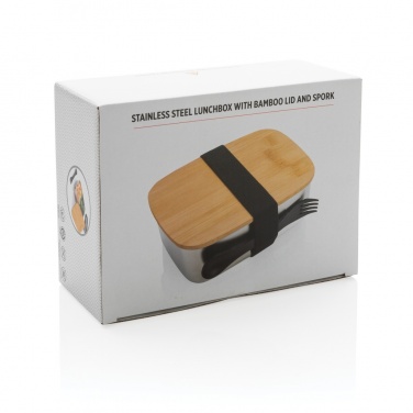 Logo trade corporate gifts image of: Stainless steel lunchbox with bamboo lid and spork