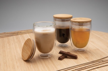 Logotrade promotional gift image of: Double wall borosilicate glass with bamboo lid 350ml 2pc set