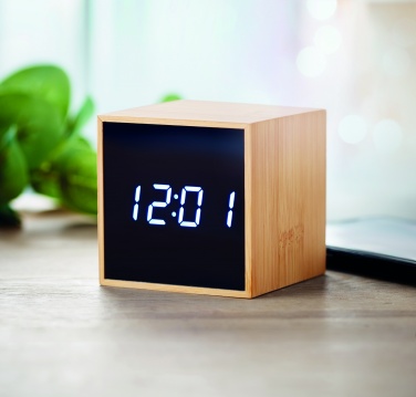 Logo trade promotional merchandise picture of: LED alarm clock bamboo casing Dortmund