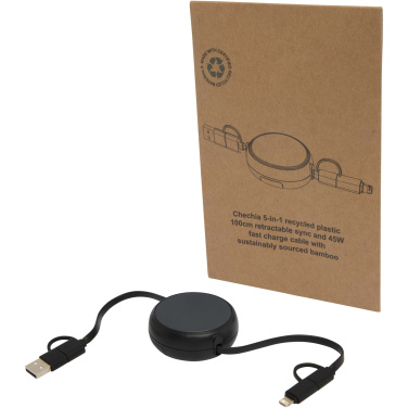 Logo trade promotional gift photo of: Alasia 5-in-1 100 cm recycled plastic and aluminium retractable data sync and 45W fast charge cable