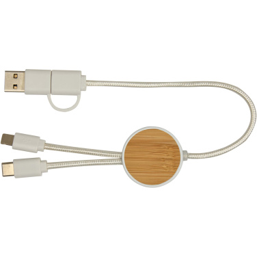 Logo trade promotional items image of: Chechia 5-in-1 recycled plastic 30 cm data sync and 27W fast charge cable with bamboo details