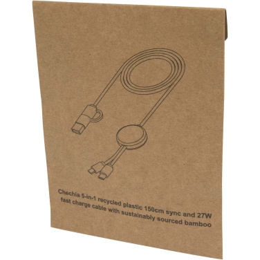 Logotrade business gift image of: Chechia 5-in-1 recycled plastic 150 cm data sync and 27W fast charge cable with bamboo details