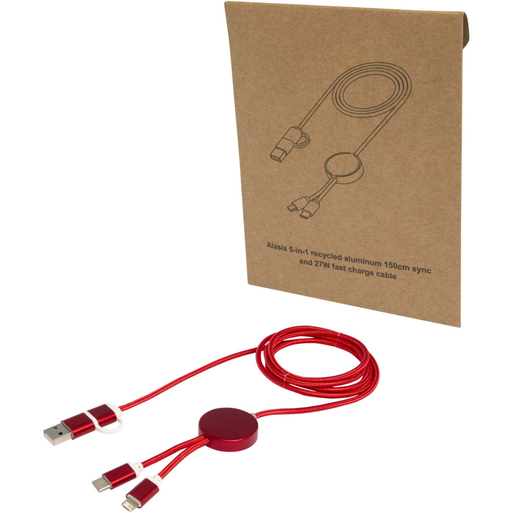 Logotrade corporate gift image of: Alasia 5-in-1 recycled aluminium and plastic 150 cm data sync and 27W fast charge cable