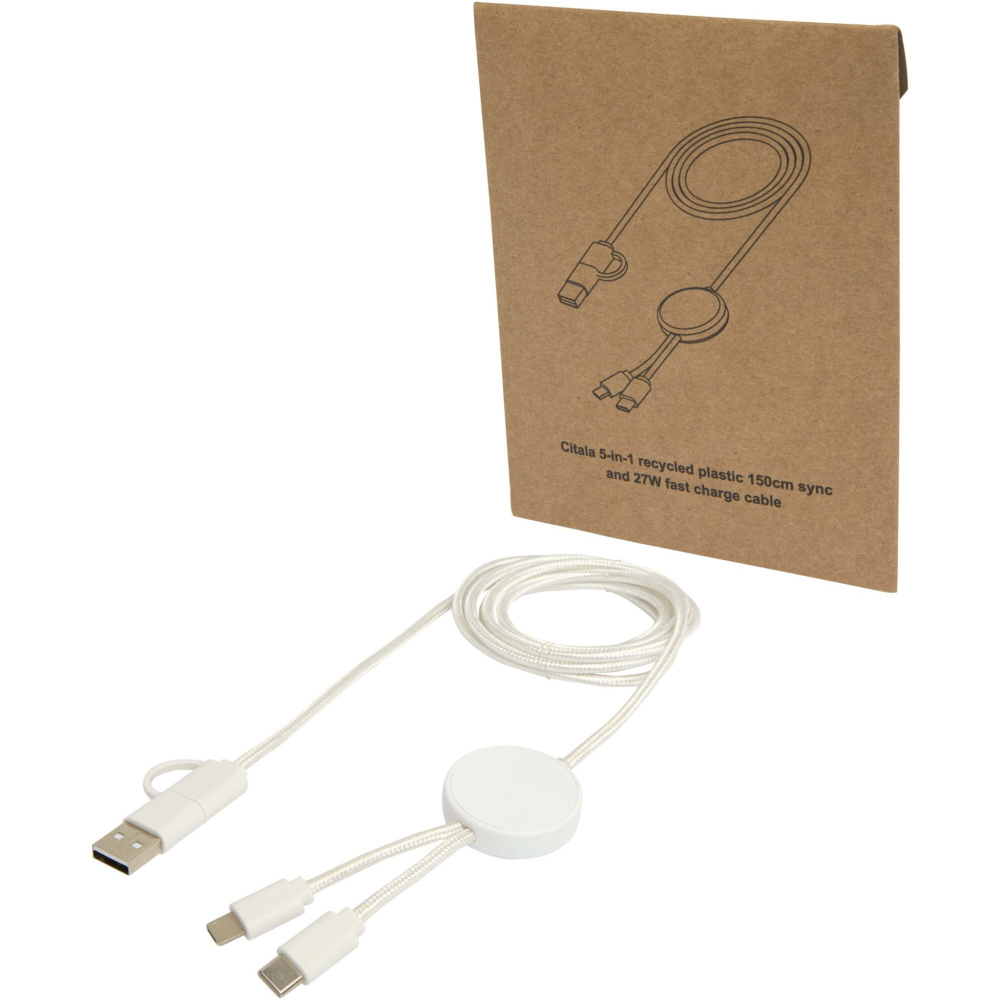 Logotrade advertising products photo of: Citala 5-in-1 recycled plastic 150 cm data sync and 27W fast charge cable