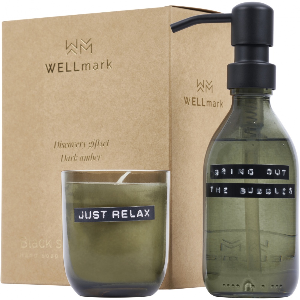 Logotrade reklaamkingitused pilt: Wellmark Discovery 200 ml käteseebi dosaator ja 150 g lõhnaküünla komplekt - tume merevaigu lõhn