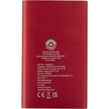 Logo trade reklaamkingi pilt: Pep 4000 mAh Type-C taaskasutatud alumiiniumist akupank 