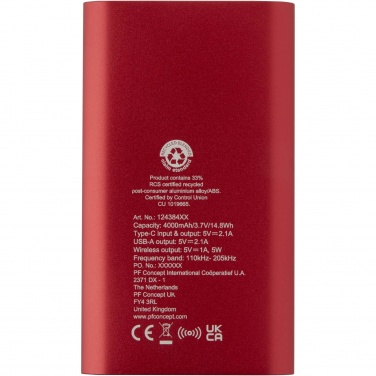 Logo trade reklaamkingituse pilt: Juice 4000 mAh Type-C taaskasutatud alumiiniumist juhtmevaba toitepank 