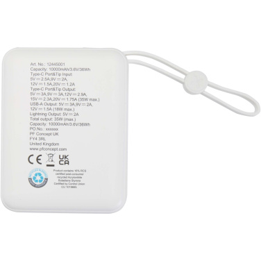 Logotrade ziemassvētku dāvanas foto: Acrux 10.000 mAh 35W planšetdatora pārnēsājamais akumulators ar iebūvētu C tipa kabeli - izgatavots no pārstrādātas plastmasas