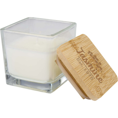 Logotrade reklamprodukter bild: Ambra ljus i fyrkantigt glas med bambulock