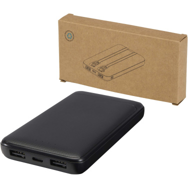 Logotrade profilreklam bild: Adhil 10 000 mAh 10 W powerbank av återvunnen plast med två inbyggda kablar